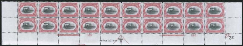 2c Pan-American (295).> Mint N.H. bottom double imprint and plate nos. 11651137 block of 20 with arrow and markers, full side selvage, fault in lower left corner selvage not affecting either plate block, Very
Fine and choice
