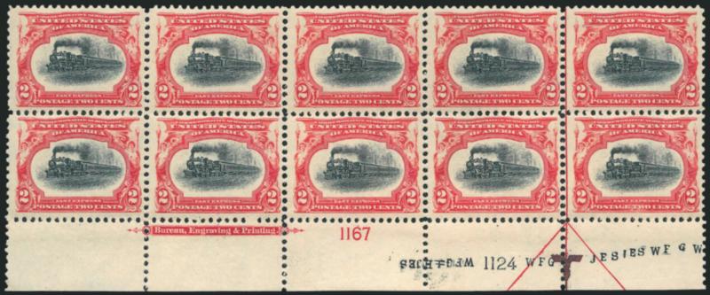 2c Pan-American (295).> Mint N.H. bottom imprint and double plate nos. 11671124 block of ten with arrow and markers, radiant colors, fresh and Fine-Very Fine