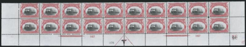 2c Pan-American (295).> Mint N.H. bottom double imprint and plate nos. 11671178 block of 20 with arrow and markers, full side selvage, Fine