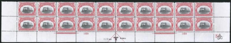 2c Pan-American (295).> Mint N.H. bottom double imprint and plate nos. 11691128 block of 20 with arrow and markers, full side selvage, natural short gum on two, Fine-Very Fine