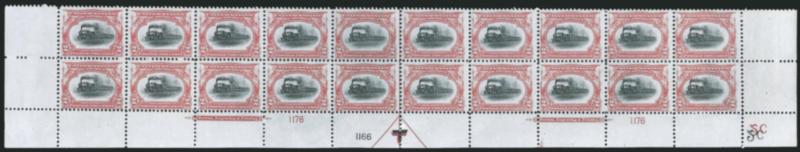 2c Pan-American (295).> Mint N.H. bottom double imprint and plate nos. 11761166 block of 20 with arrow and markers, full side selvage, Fine-Very Fine