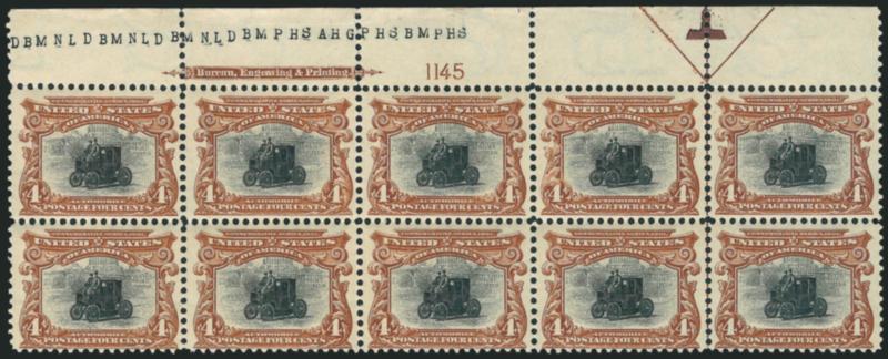 4c Pan-American (296).> Mint N.H. top imprint, plate no. 1145 and arrow block of ten, crisp impressions, tiny tear and few perf separations expertly reinforced at top of selvage, Very Fine appearance, Scott
Retail as Mint N.H.
