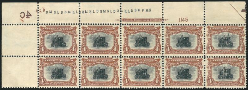 4c Pan-American (296).> Top left corner imprint and plate no. 1145 block of ten with 4c plate imprints and half arrow, lightly hinged, small corner crease in left selvage, Fine-Very Fine, Scott Retail as plate
block of six and four singles