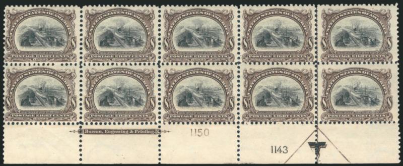 8c Pan-American (298).> Mint N.H. bottom imprint and double plate nos. 11501143 block of ten with arrow and markers, rich colors, light hinge marks in ungummed part of selvage, bright colors, Very Good-Fine,
scarce