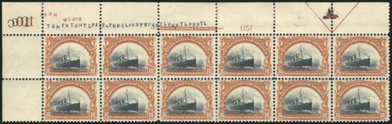 10c Pan-American (299).> Top left corner imprint and plate no. 1151 block of twelve with 10c plate imprints, arrow and markers, eight stamps Mint N.H. including top three in plate block and right pair, few
sensible h.r. reinforcements in selvage an