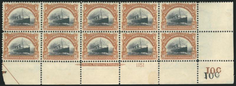 10c Pan-American (299).> Bottom right corner imprint and plate no. 1151 block of ten with 10c plate imprints and half arrow, lightly hinged, deep rich color, short perfs at left<><>^VERY FINE. AN ATTRACTIVE AND
SCARCE PLATE NUMBER BLOCK OF THE 10