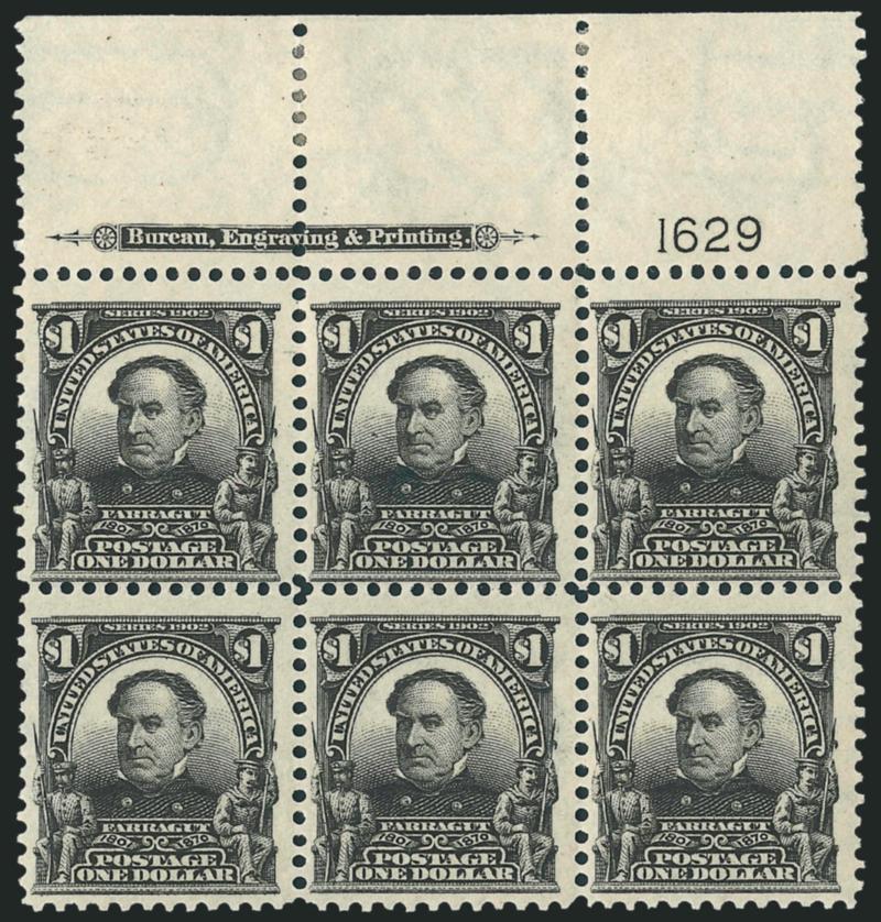 $1.00 Black (311).> Top imprint and plate no. 1629 block of six with wide selvage, three stamps Mint N.H., others barely hinged, small h.r. in ungummed part of selvage, intense shade and impression<><>^FINE. AN
EXCEEDINGLY RARE IMPRINT AND PLATE NU