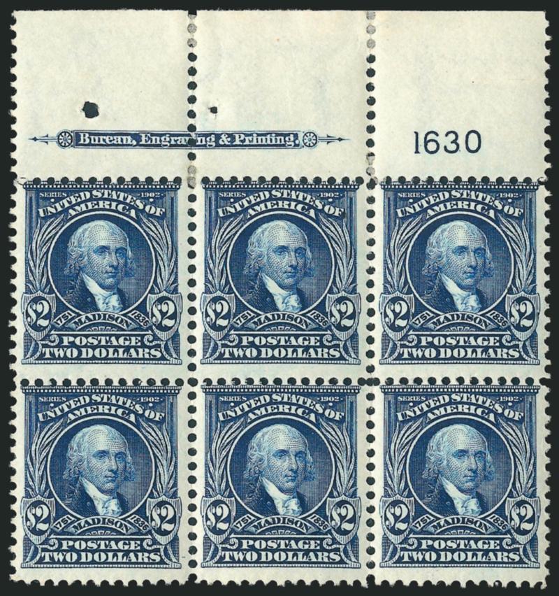 $2.00 Dark Blue (312).> Top imprint and plate no. 1630 block of six with wide selvage, small h.r. at top where few minor perf separations sensibly reinforced, rich color on bright paper, enlarged staple holes
at top<><>^FINE. AN EXTREMELY RARE IMPR