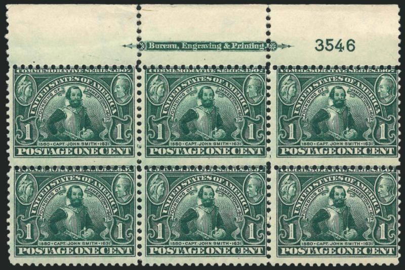 1c Jamestown (328).> Two items, top and bottom imprint and plate no. 3546 blocks of six, first barely hinged where very few perf separations expertly reattached in selvage only (stamps Mint N.H.), second h.r.,
rich colors, Fine