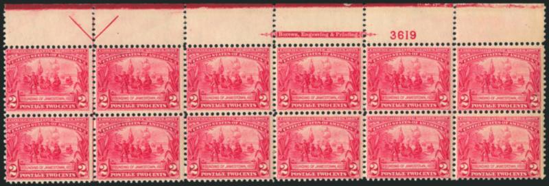 2c Jamestown (329).> Top imprint, plate no. 3619 and arrow block of twelve, stamps Mint N.H., lightly hinged in selvage only, rich color, fresh and Fine-Very Fine, the imprint and plate no. positions are
Extremely Fine, Scott Retail as twelve Mint N.