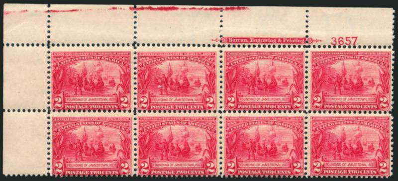 2c Jamestown (329).> Mint N.H. top left corner imprint and plate no. 3657 block of eight, deep rich color on bright paper, fresh and Fine
