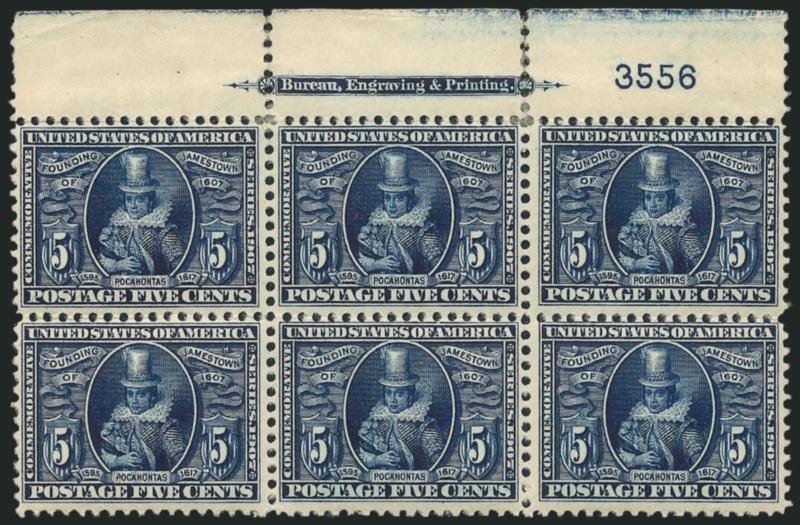 5c Jamestown (330).> Top imprint and plate no. 3556 block of six, h.r. where few perf separations sensibly reinforced, deep rich color, Fine