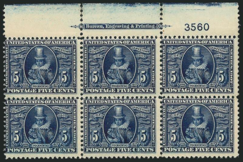 5c Jamestown (330).> Top imprint and plate no. 3560 block of six, barely hinged, few expertly rejoined perf separations in selvage, Very Good-Fine