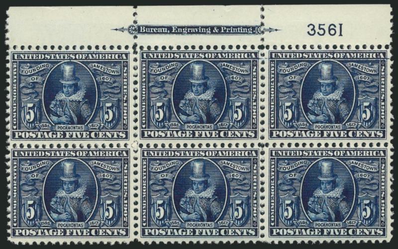 5c Jamestown (330).> Top imprint and plate no. 3561 block of six, barely hinged, naturally short gum barely affects two stamps, deep rich color and proof-like impression, Very Fine, rarely seen in this
quality