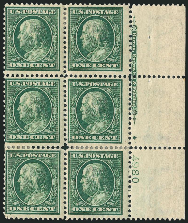 1c Green (331).> Right imprint, plate no. 4980 and small solid star block of six, h.r., rich color, fresh and Fine, scarce with the small solid star