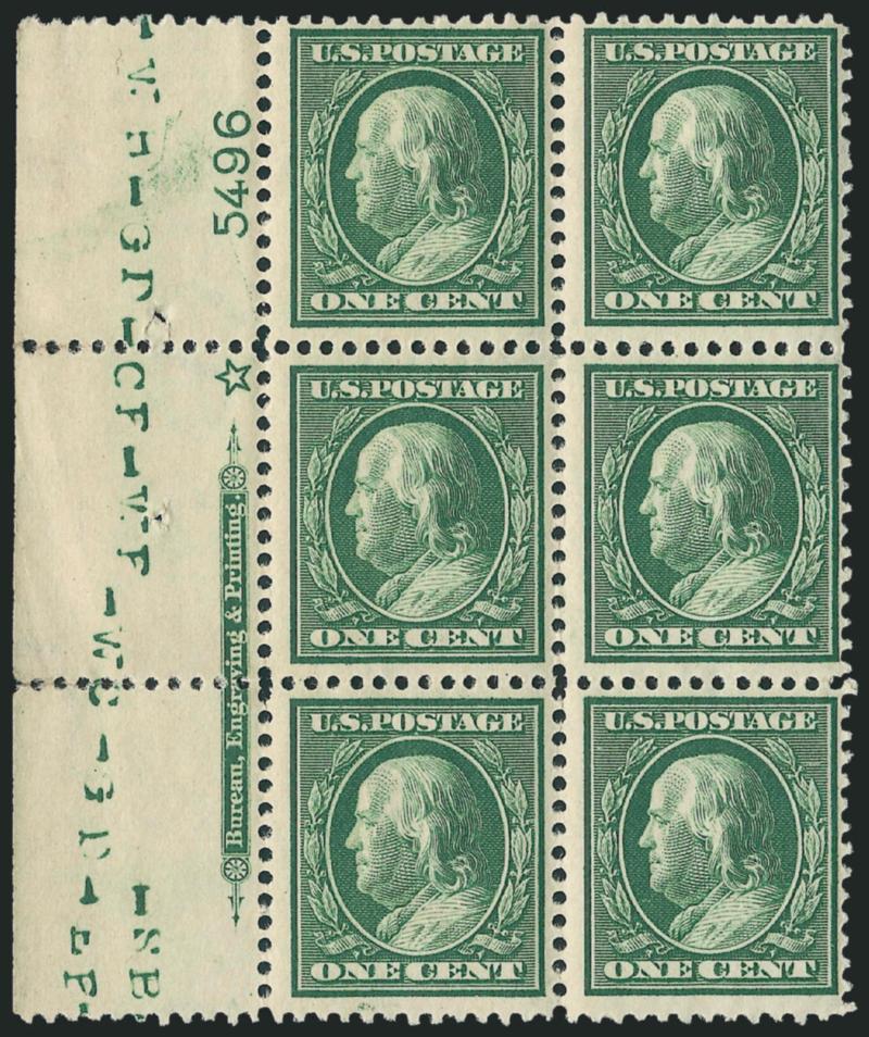 1c Green (331).> Mint N.H. left imprint, <plate no. 5496> and star block of six, crisp impression, fresh and Fine-Very Fine, <this plate number is unlisted in Durland>