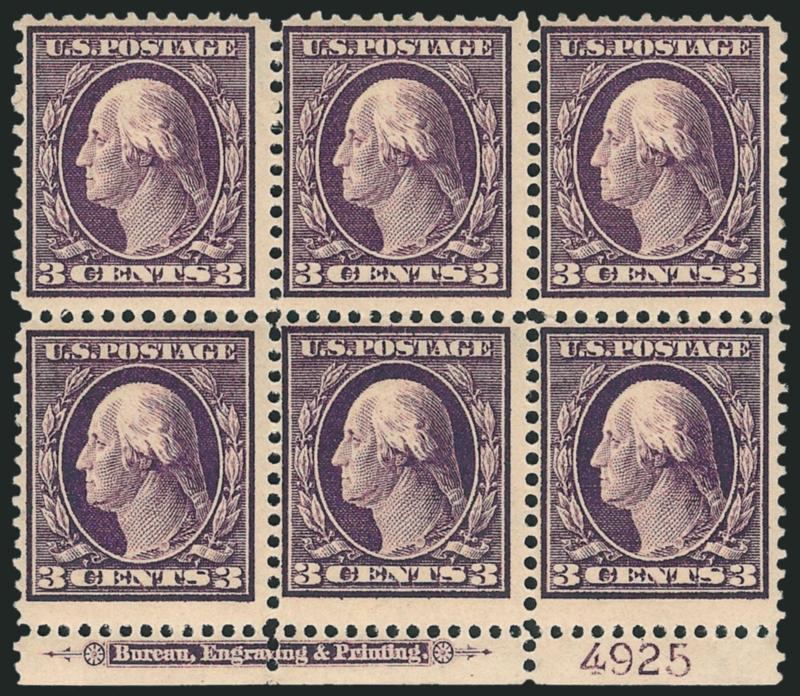 3c Deep Violet (333).> Mint N.H. bottom imprint and plate no. 4925 block of six, deep rich color, fresh and Fine