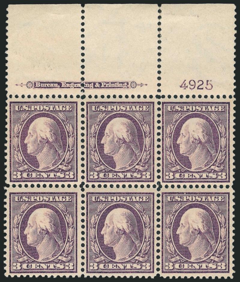3c Deep Violet (333).> Three imprint and plate no. 4925 blocks of six, left, right and top positions, dramatic range of shades, most stamps Mint N.H., first with few perf separations, otherwise Fine-Very
Fine