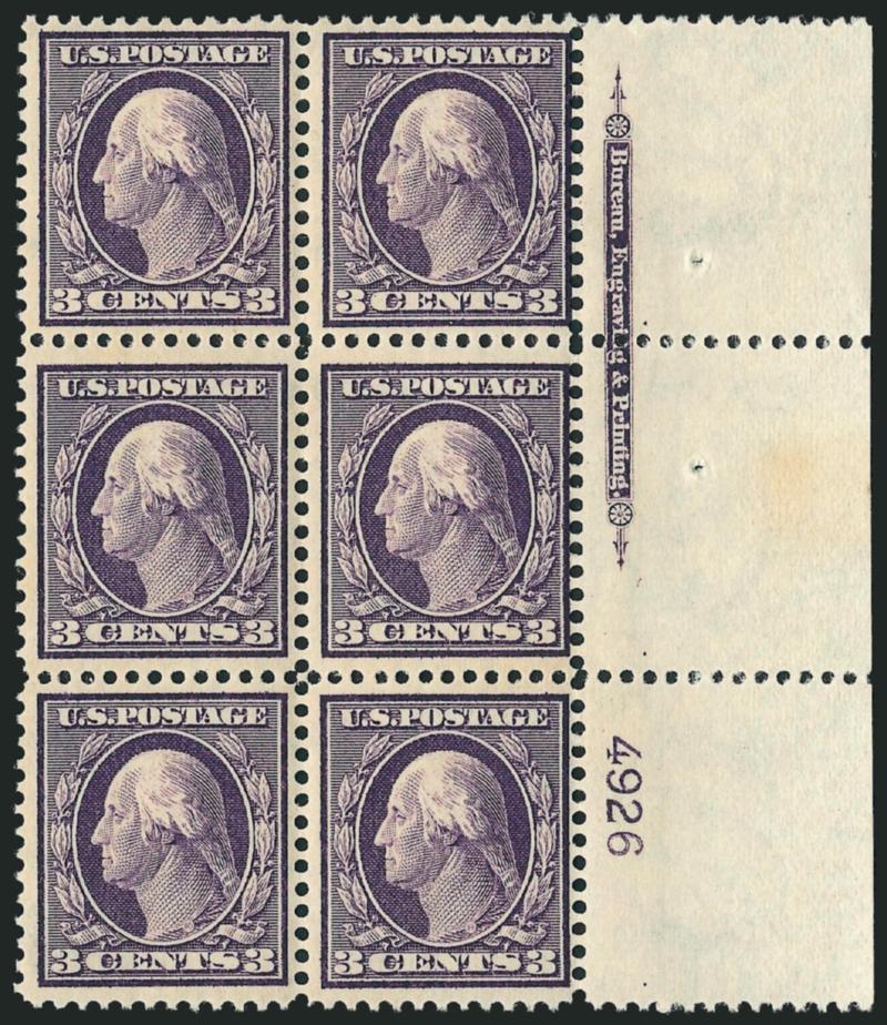 3c Deep Violet (333).> Two items, left and right imprint and plate no. 4926 blocks of six, rich colors (first with overall toning), Fine