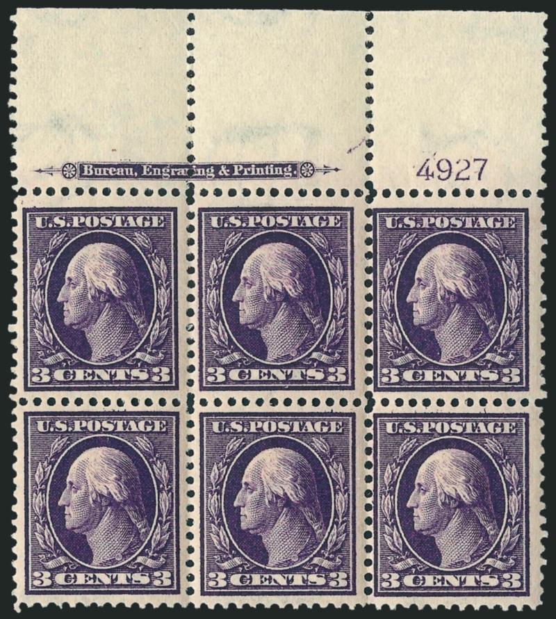 3c Deep Violet (333).> Two items, mint N.H. top and left imprint and plate no. 4927 blocks of six, dramatically different shades with one very dark and one bright, latter light natural gum crease, still fresh
and Fine