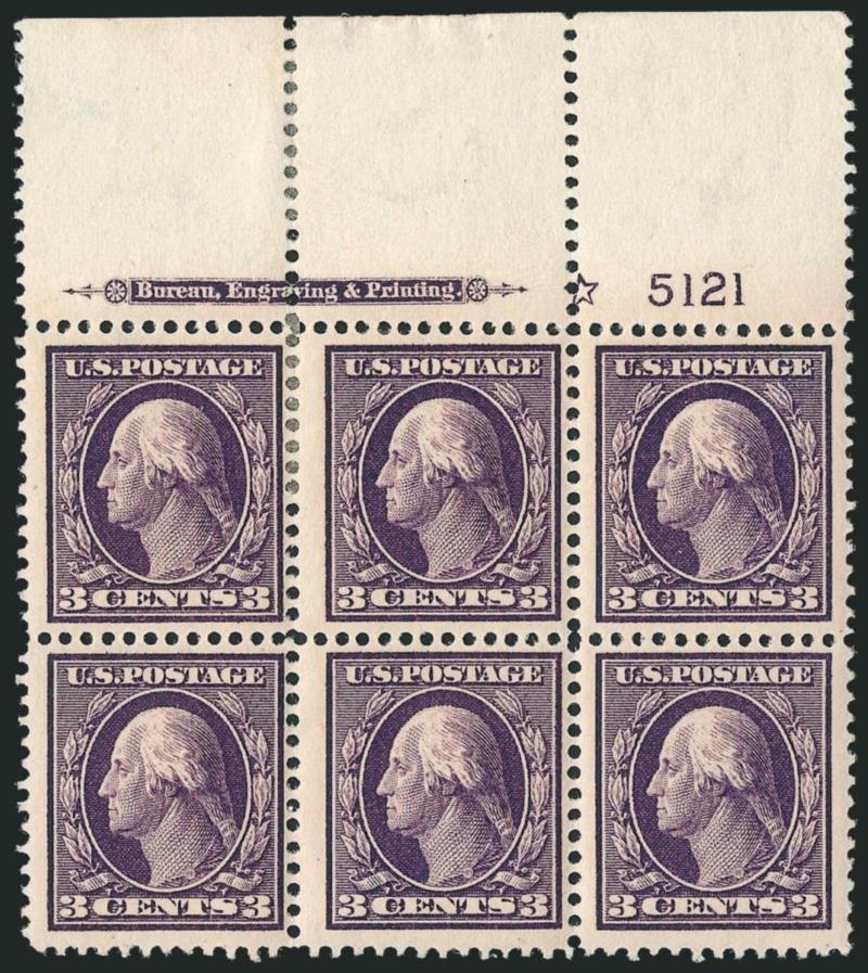 3c Deep Violet (333).> Three items, top, left and bottom imprint, plate no. 5121 and star blocks of six, the bottom position Mint N.H. but with naturally short gum at bottom, left position slight overall
toning, otherwise Fine-Very Fine