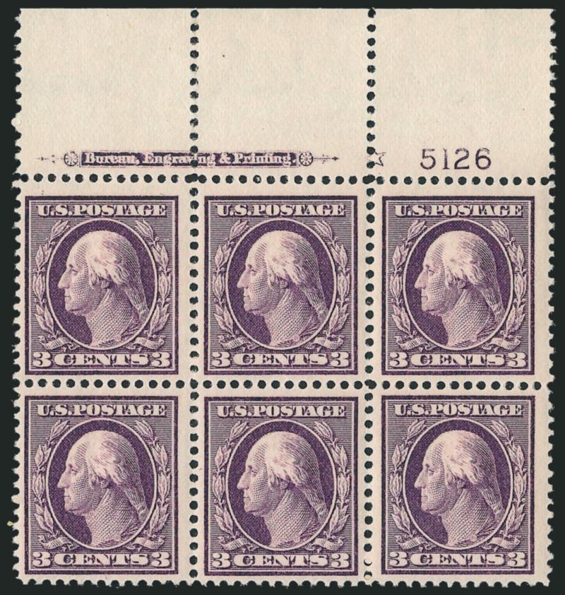 3c Deep Violet (333).> Two items, top and bottom imprint, plate no. 5126 and star blocks of six, lightly hinged, radiant color, Fine-Very Fine