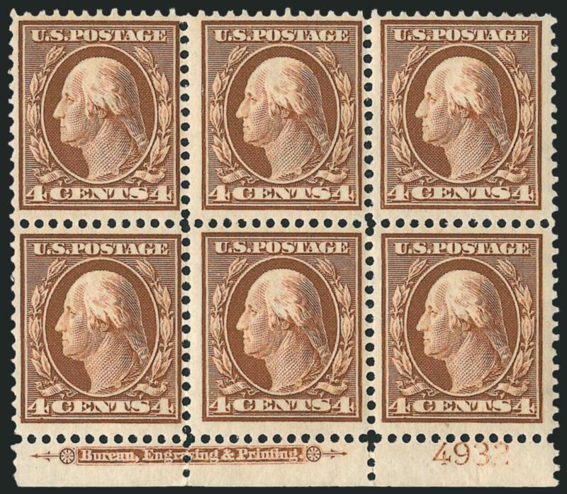 4c Orange Brown (334).> Mint N.H. bottom imprint and plate no. 4932 block of six, rich color, top right stamp light natural paper wrinkle, Fine-Very Fine