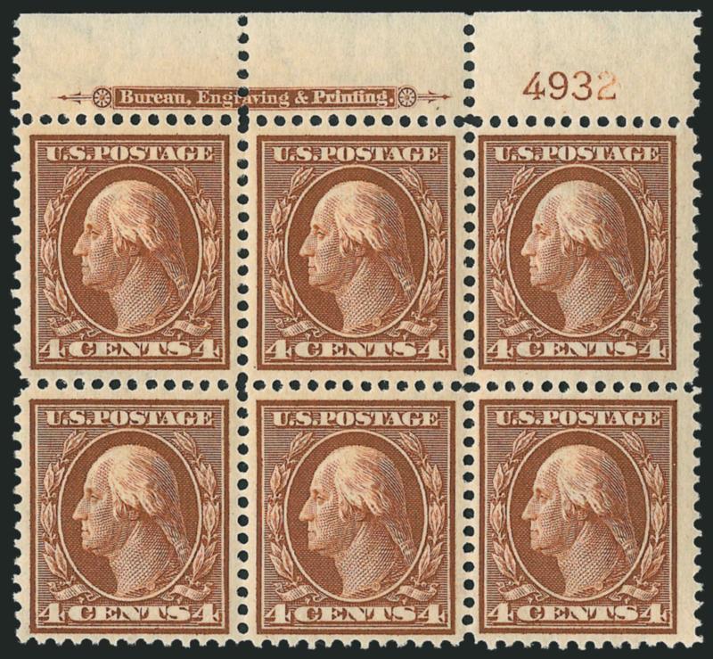 4c Orange Brown (334).> Two items, top and left imprint and plate no. 4932 blocks of six, former h.r., latter barely hinged, Fine-Very Fine