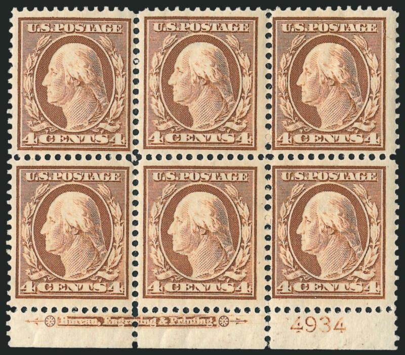 4c Orange Brown (334).> Mint N.H. bottom imprint and plate no. 4934 block of six, radiant color, fresh and Fine-Very Fine