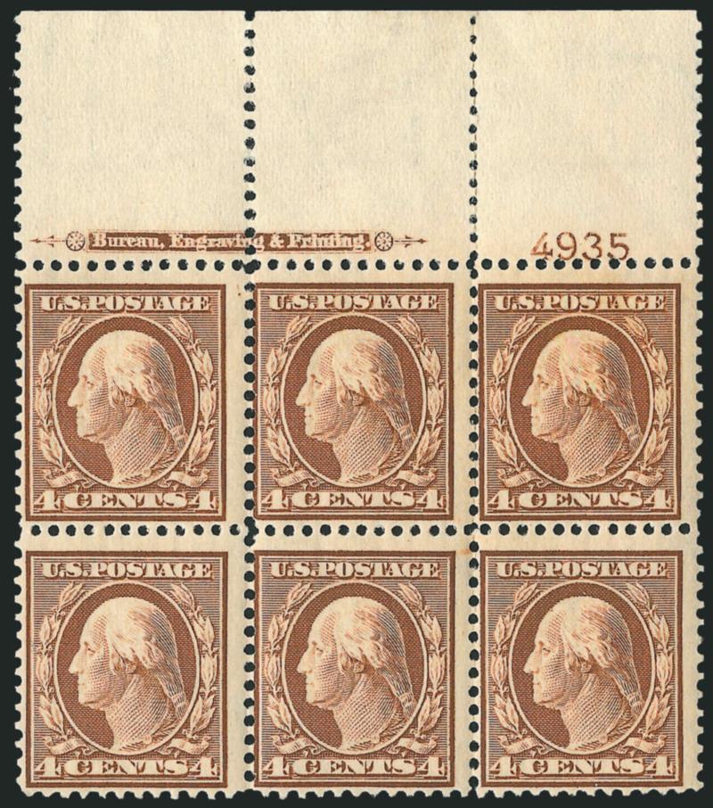 4c Orange Brown (334).> Mint N.H. top imprint and plate no. 4935 block of six with wide selvage, crisp impression, fresh and Fine