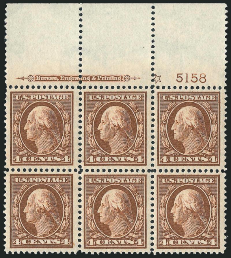 4c Orange Brown (334).> Three imprint, plate no. and star blocks of six, plate nos. 5132, 5146 (bottom) and 5158 (wide top), lightly hinged, bright colors, Fine-Very Fine