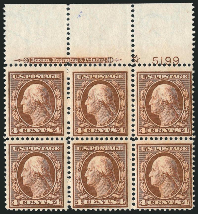 4c Orange Brown (334).> Two items, top and bottom imprint, plate no. 5199 and star blocks of six, latter bit heavy h.r., Fine-Very Fine