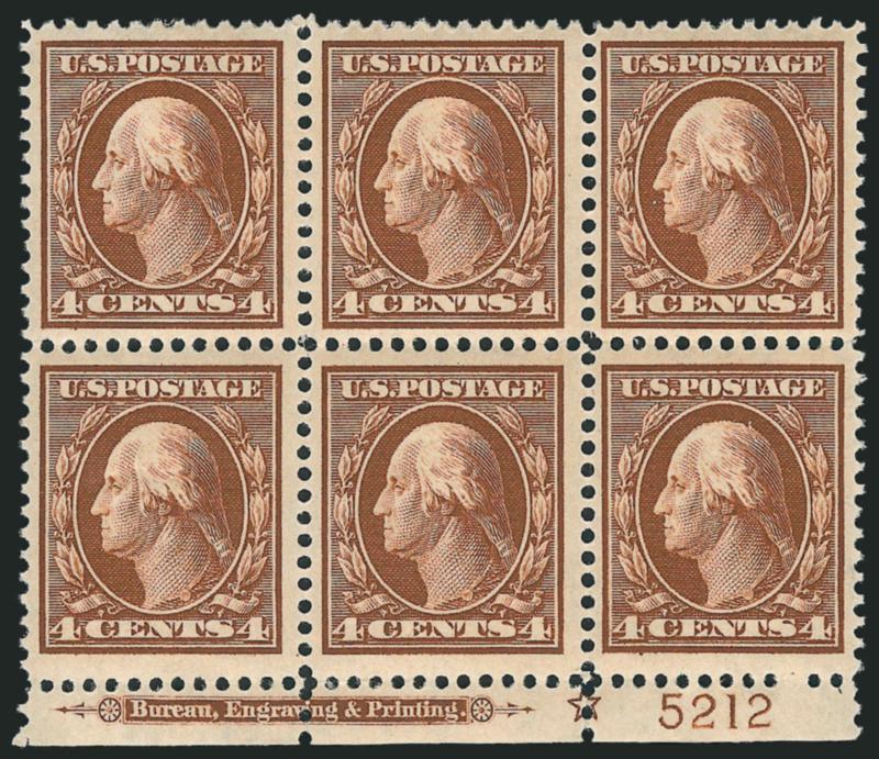 4c Orange Brown (334).> Two bottom imprint, plate no. and star blocks of six, plate nos. 5212 and 5217, bright colors, latter thin spot from hinge removal affecting two stamps and one stamp with part gum,
otherwise Fine-Very Fine