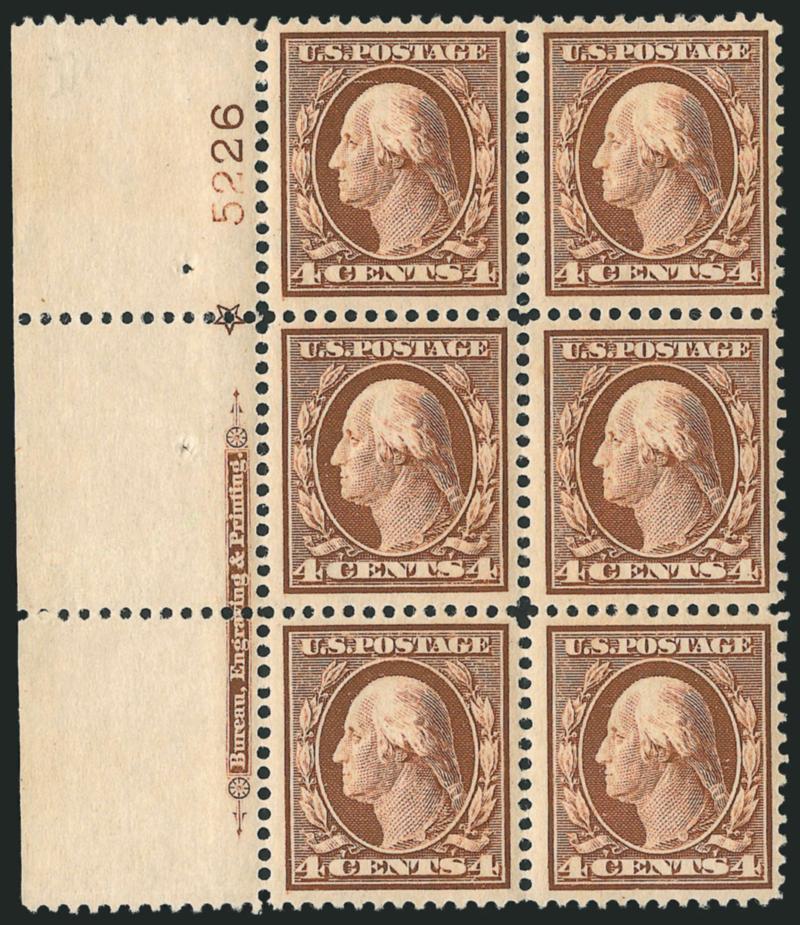 4c Orange Brown (334).> Three items, top, left and bottom imprint, plate no. 5226 and star blocks of six, first two h.r., bright colors, bottom with natural gum creases and small toned spots on back, appear
Fine-Very Fine