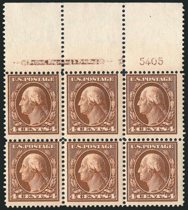 4c Orange Brown (334).> Three items, top and left imprint, plate no. 5405 and star blocks of six, former with wide selvage and Mint N.H., latter lightly hinged, dramatically different shades, Fine-Very
Fine