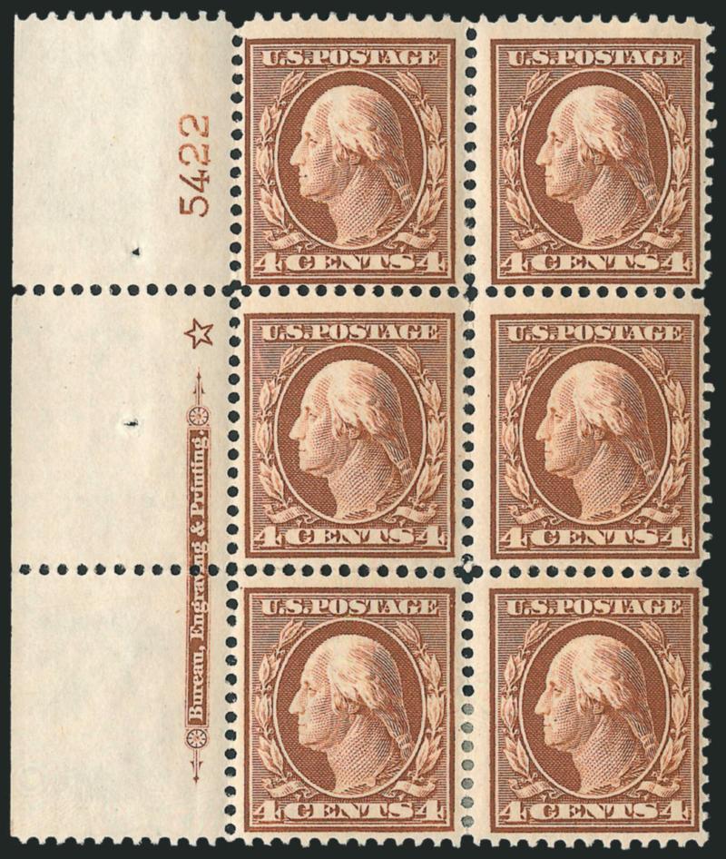 4c Orange Brown (334).> Three imprint, plate no. and star blocks of six, plate nos. 5408 and 5422 (bottom) and 5422 (left), few h.r., few perf separations expertly rejoined, Fine