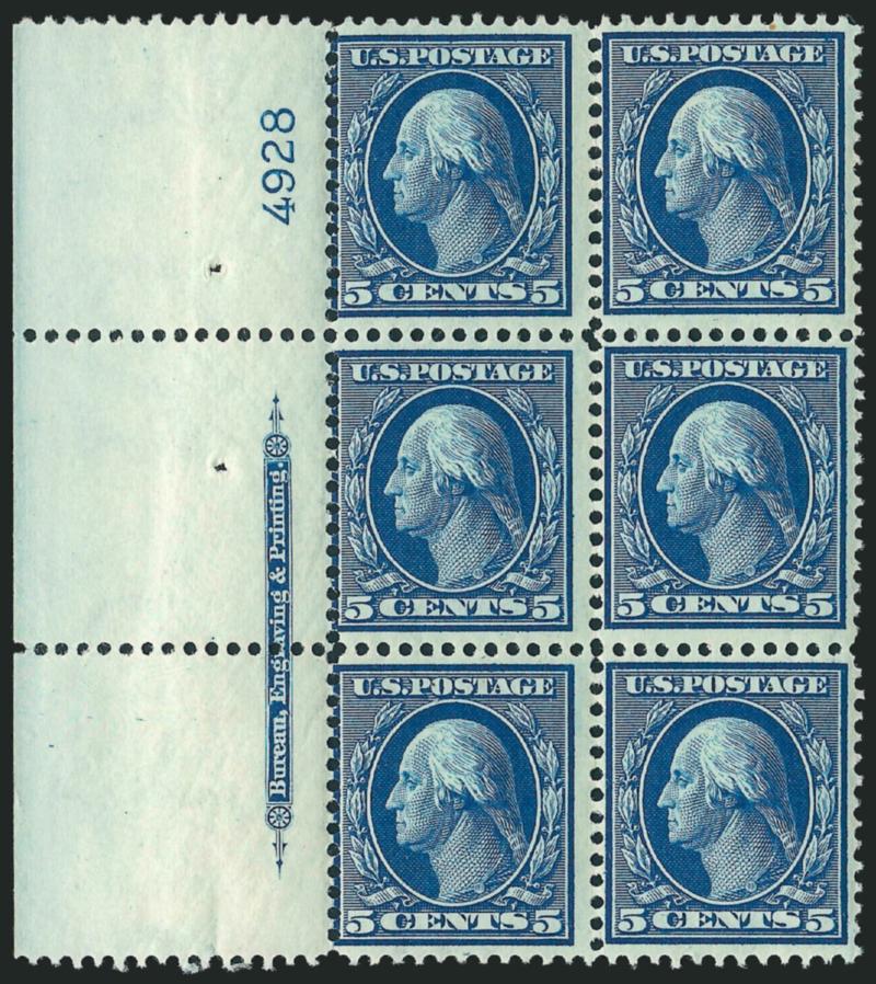 5c Blue (335).> Mint N.H. left imprint and plate no. 4928 block of six with wide selvage, intense shade and impression, Fine