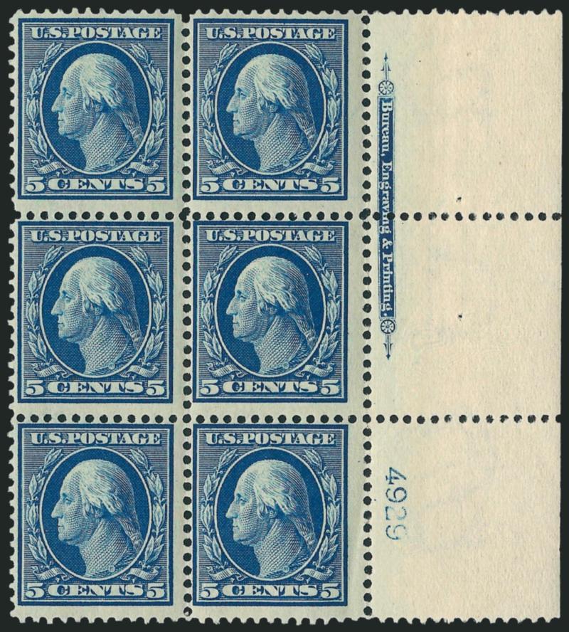 5c Blue (335).> Two items, bottom and right imprint and plate no. 4929 blocks of six, former small scotch tape mark in selvage, Fine