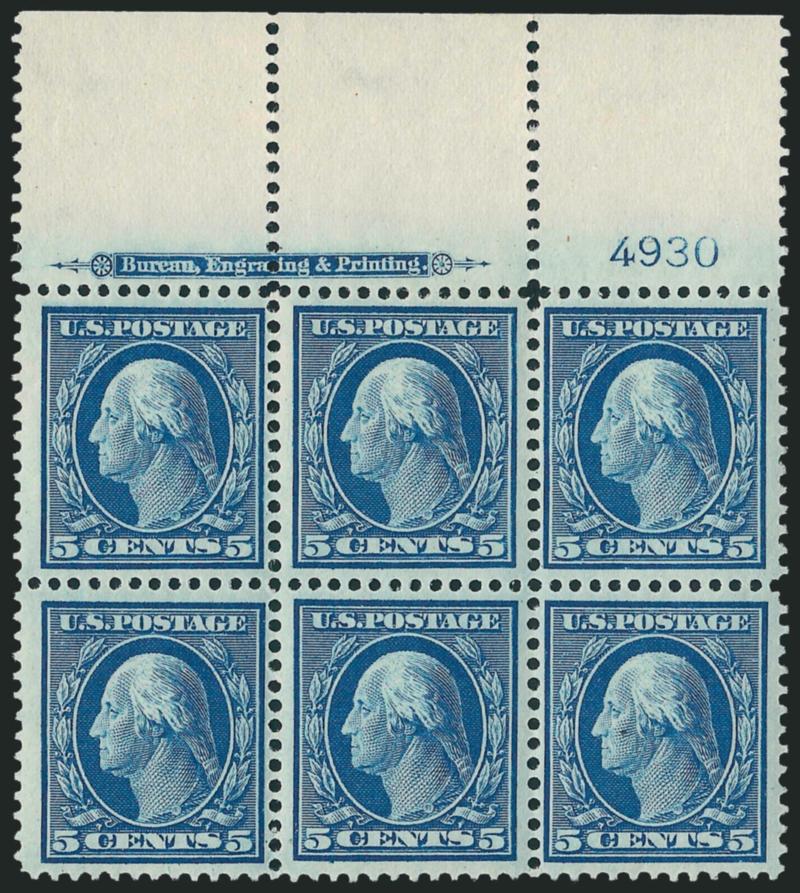 5c Blue (335).> Two items, top and left imprint and plate no. 4930 blocks of six, lightly hinged, second with light natural gum bends, Fine-Very Fine