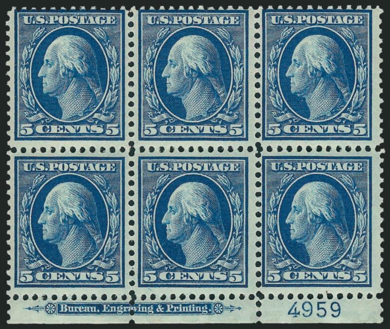 5c Blue (335).> Mint N.H. bottom imprint and plate no. 4959 block of six, deep rich color, Fine