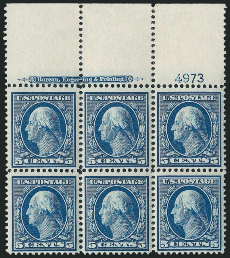 5c Blue (335).> Mint N.H. top imprint and plate no. 4973 block of six with wide selvage, radiant color on bright paper, Very Fine and choice, an attractive wide top Mint N.H. plate block