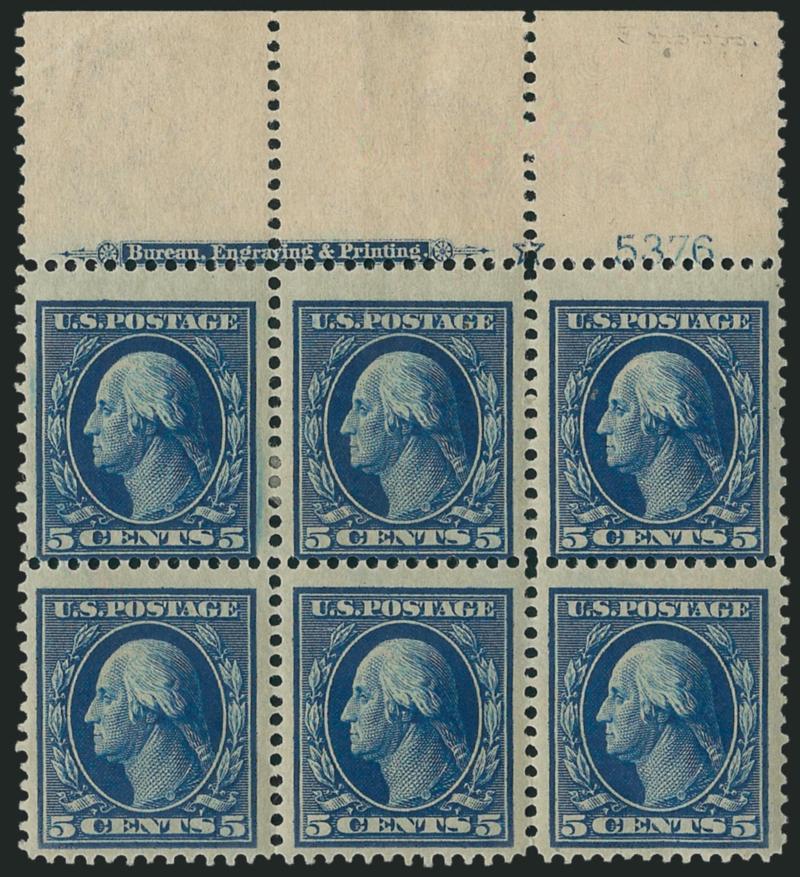 5c Blue (335).> Two items, top and bottom imprint, plate no. 5376 and star blocks of six, former h.r., latter some slight overall toning, Fine