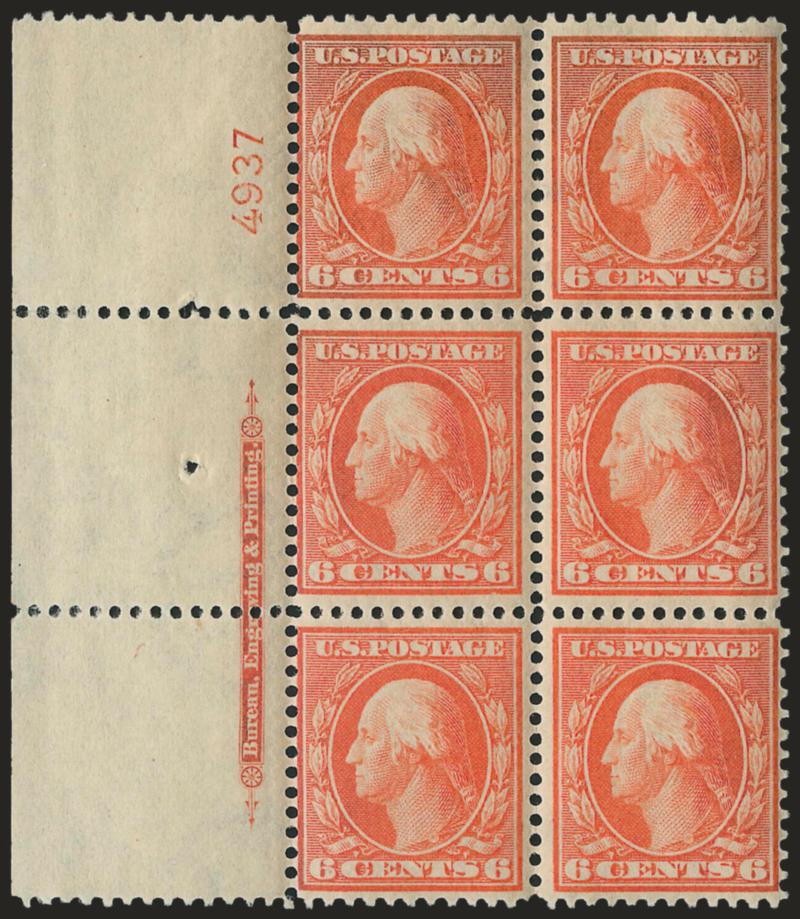 6c Red Orange (336).> Mint N.H. left imprint and plate no. 4937 block of six with wide selvage, bright color with just a trace of oxidation, Fine-Very Fine