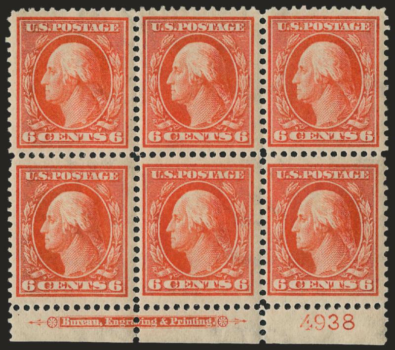 6c Red Orange (336).> Bottom imprint and plate no. 4938 block of six with narrow selvage, intense shade and impression, Fine-Very Fine