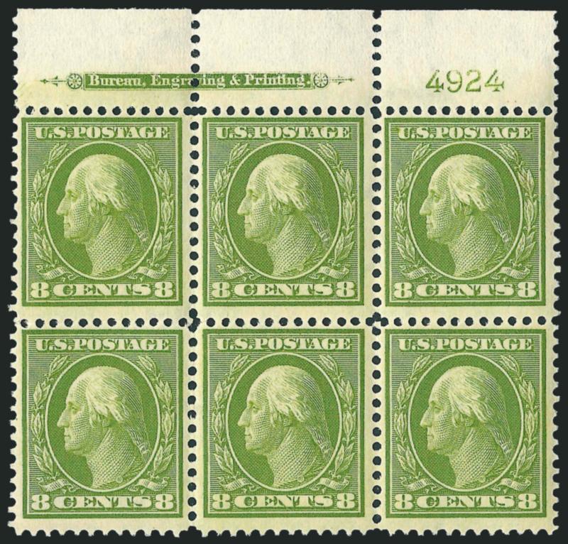 8c Olive Green (337).> Mint N.H. top imprint and plate no. 4924 block of six, radiant color, crisp impression, fresh and Fine
