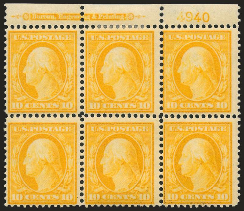 10c Yellow (338).> Top imprint and plate no. 4940 block of six, center stamps h.r., four side stamps Mint N.H., intense color, Fine