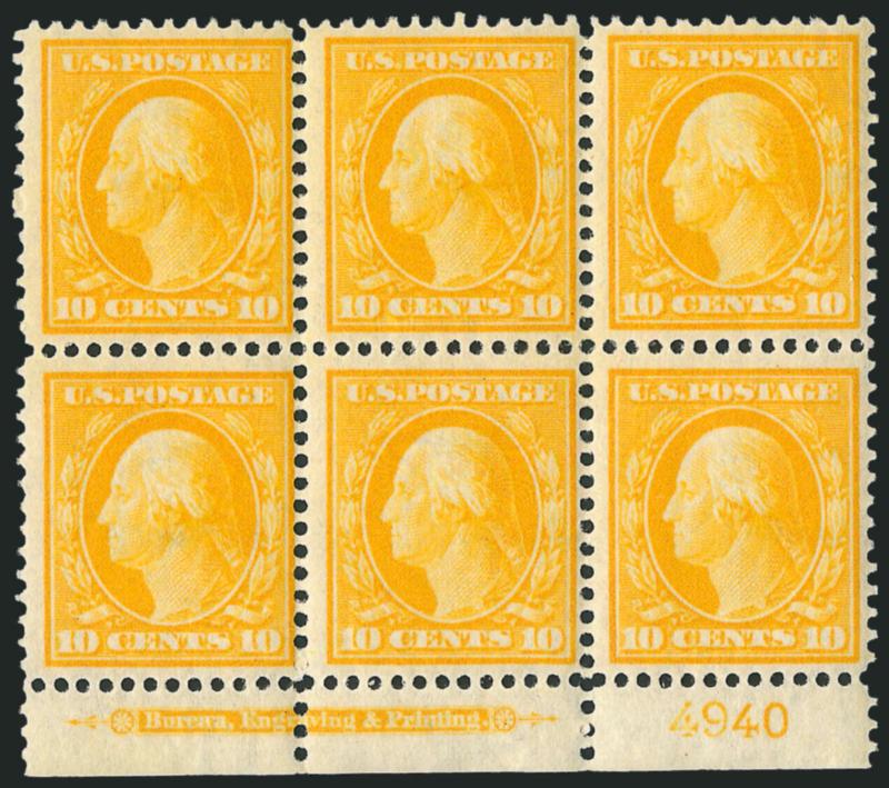 10c Yellow (338).> Bottom imprint and plate no. 4940 block of six, vibrant color as fresh as the day it was printed, lightly hinged, fresh and Fine