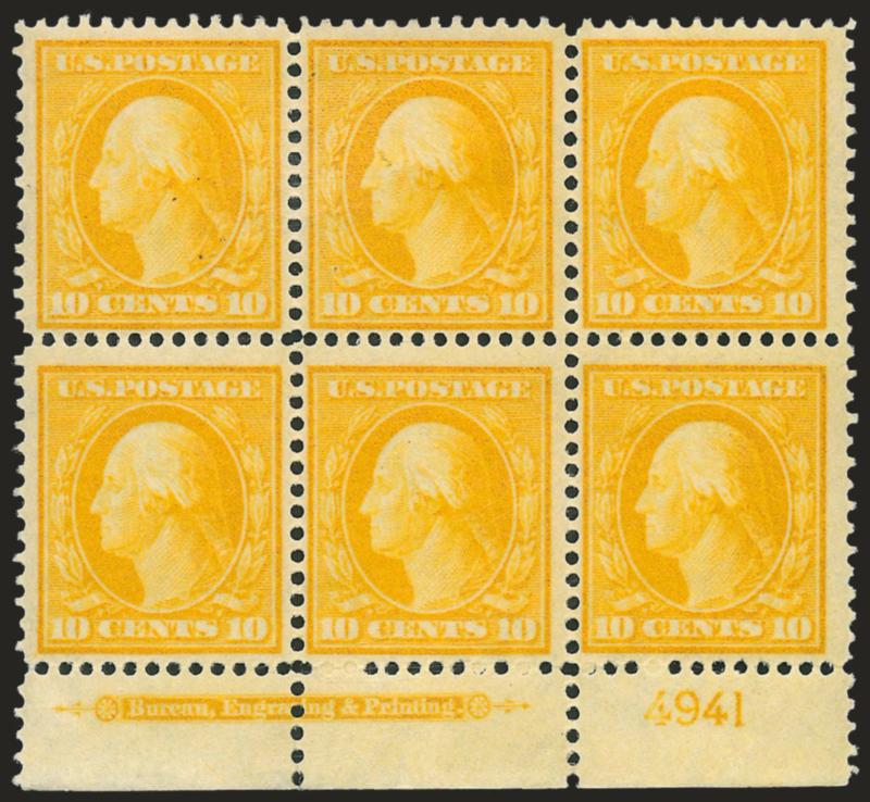 10c Yellow (338).> Bottom imprint and plate no. 4941 block of six, h.r. at top center, other five stamps Mint N.H., intense color, Fine-Very Fine