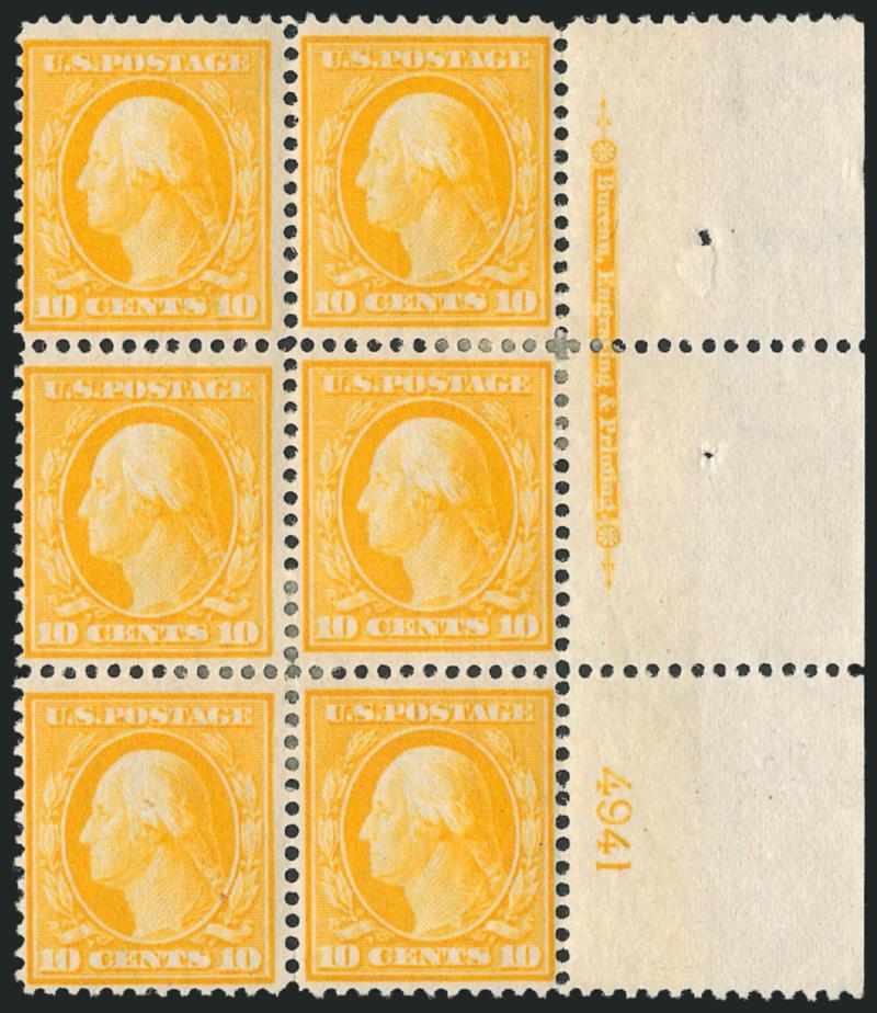 10c Yellow (338).> Right imprint and plate no. 4941 block of six with wide selvage, h.r. except top left stamp Mint N.H., vivid color, Fine-Very Fine