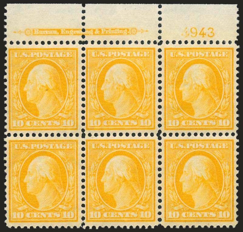 10c Yellow (338).> Top imprint and plate no. 4943 block of six, top center stamp lightly hinged, other five stamps Mint N.H., intense shade, Very Fine